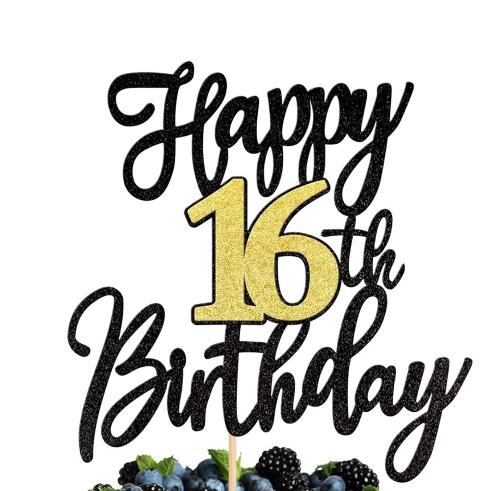 Black and Gold Happy 16th Birthday Cake Topper